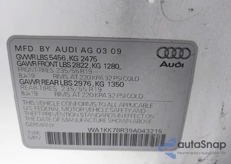 2009 Audi Q5 3.2 Premium z USA, uszkodzony, nr VIN WA1KK78R39A043215